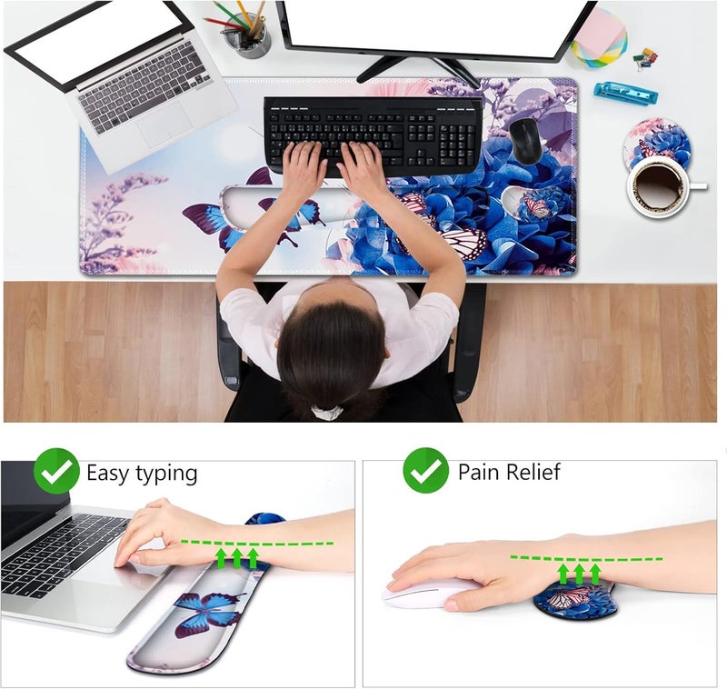AIMSA Large Gaming Mouse Pad Set, Keyboard Wrist Rest Support Mouse Pad, Ergonomic Memory Foam Multifunctional Extended Desk Mat 35x15.7in Anti-Slip Rubber Base for Office Home, Butterfly Flower - Image 3
